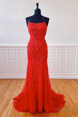 Mermaid Backless Red Lace Long Prom Dresses, Mermaid Red Formal Dresses, Red Lace Evening Dresses