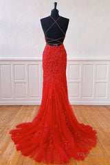 Mermaid Backless Red Lace Long Prom Dresses, Mermaid Red Formal Dresses, Red Lace Evening Dresses