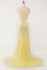 Mermaid Backless Yellow Lace Long Prom Dresses, Mermaid Yellow Formal Dresses, Yellow Lace Evening Dresses