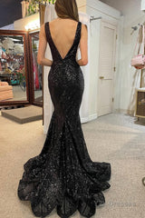 Mermaid Deep V Neck Black Sequins Long Prom Dress with Open Back