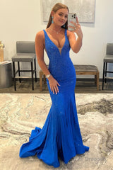 Mermaid Deep V Neck Royal Blue Long Prom Dress with Beading Party Dresses