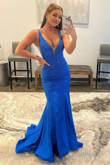 Mermaid Deep V Neck Royal Blue Long Prom Dress with Beading Party Dresses