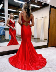 Mermaid Deep V Neck Satin Long Prom Dress with Appliques