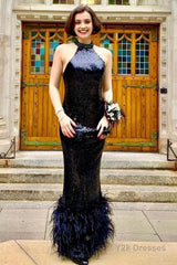 Mermaid Halter Black Sequins Long Vintage Prom Dress with Feathers