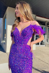 Mermaid Off the Shoulder Purple Sequins Cut Out Prom Dress with Feathers