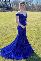 Mermaid Off the Shoulder Royal Blue Sequins Long Prom Dress with Sweep Train