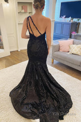 Mermaid One Shoulder Black Sequins Long Prom Dress with Split Front