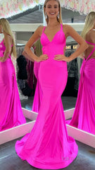 Mermaid Pink V Neck Backless Satin Long Prom Dress