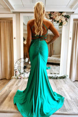 Mermaid Spaghetti Straps Green Long Prom Dress with Criss Cross Back