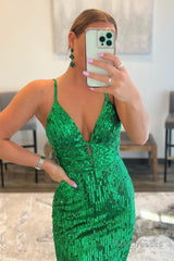 Mermaid Spaghetti Straps Green Sequins Backless Long Prom Dress