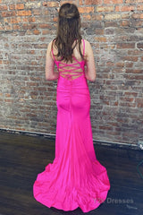 Mermaid Spaghetti Straps Hot Pink Long Prom Dress with Silt