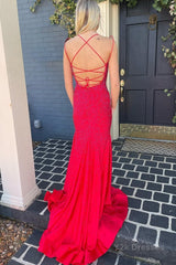 Mermaid Spaghetti Straps Red Long Prom Dress with Criss Cross Back