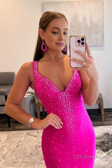 Mermaid V Neck Hot Pink Long Prom Dress with Beading