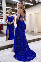 Mermaid V Neck Sequins Long Prom Dress with Slit