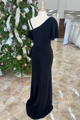 Black One Shoulder Mermaid Ruffle Long Mother of Bride Dress with Slit