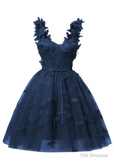 Navy Blue 3D Butterfly Lace Applique Tulle Homecoming Dress for Teens Sweetheart Mini Short Prom Dresses