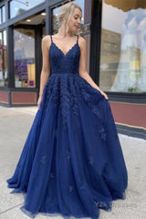 Navy Blue Appliques Long Prom Dress Evening Dress