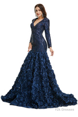 Sequins Mermaid Long V Neck Prom Dresses Full Sleeve