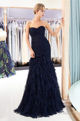 Navy Blue Sheath Sweetheart Strapless Draped Tulle Pleats Prom Dresses