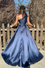 Navy One Shoulder A-Line Long Prom Dress