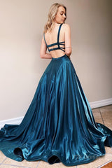 Navy Satin Spaghetti Straps A-Line Prom Dress