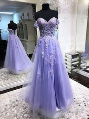 Off Shoulder Lavender Lace Long Prom Dresses, Lilac Lace Formal Dresses, Purple Evening Dresses