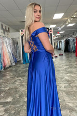 Off Shoulder Royal Blue Satin Prom Dress with Slit