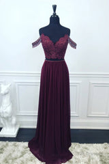 Off Shoulder Two Pieces Purple Lace Long Prom Dress, 2 Pieces Purple Formal Dress, Purple Lace Evening Dress