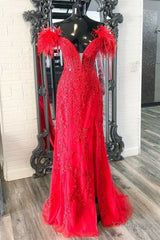 Off Shoulder V Neck Mermaid Red Lace Long Prom Dress with High Slit, Mermaid Red Formal Dress, Red Lace Evening Dress