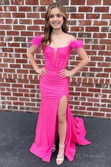 Off The Shoulder Hot Pink Mermaid Long Prom Dress with Feathers