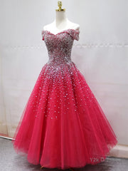 Off the Shoulder Red Long Prom Gown, Off the Shoulder Red Beaded Formal Evening Dresses