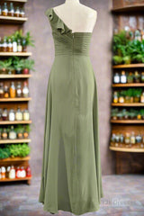 One ruffle Shoulder Long Dusty Sage Bridesmaid Dress