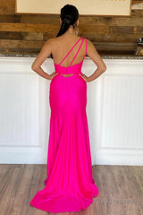 One Shoulder Hot Pink Prom Dress with Slit