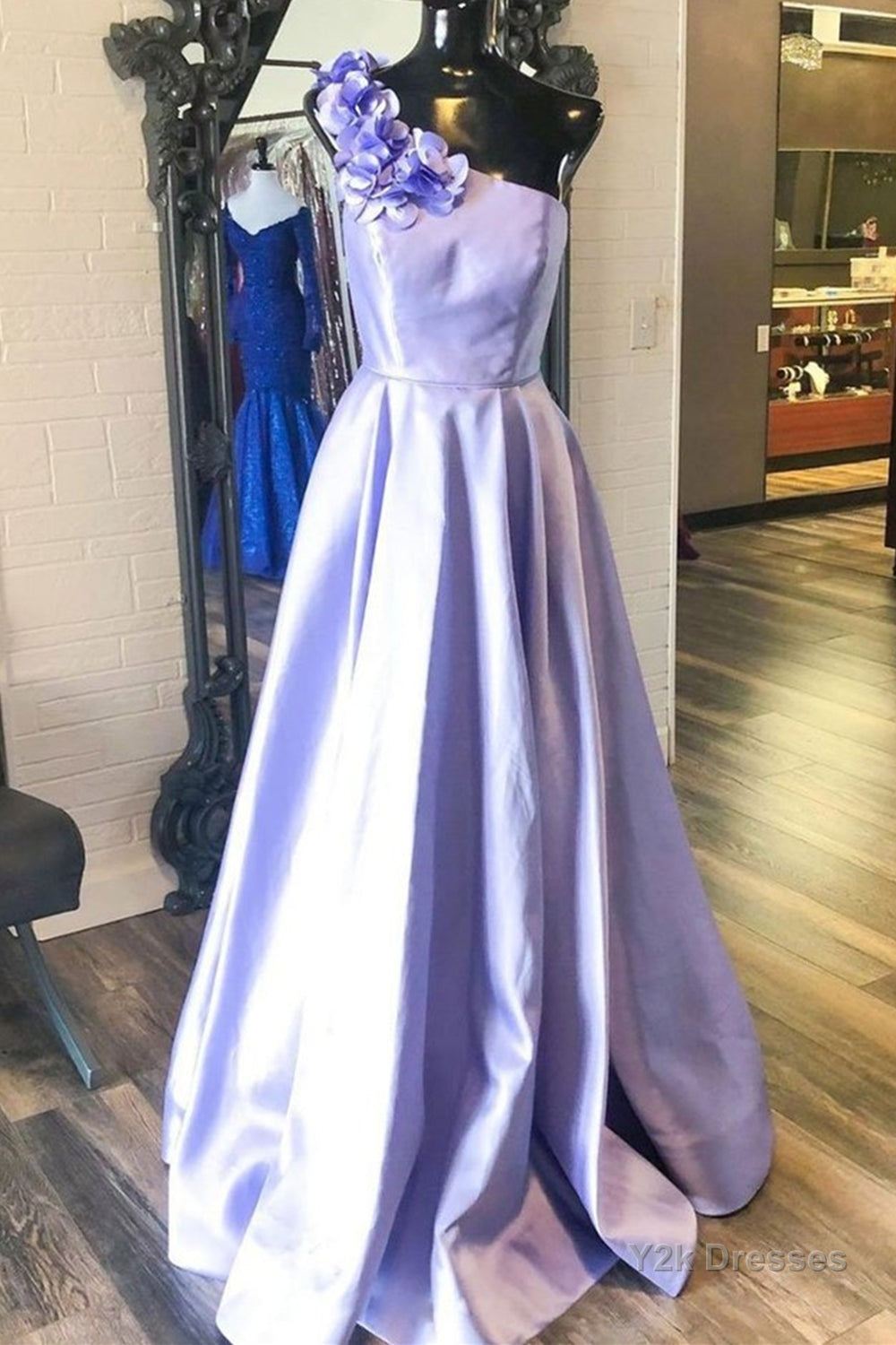 One Shoulder Purple Satin Long Prom Dresses with Flowers, Purple Formal Evening Dresses