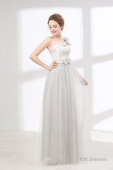 One Shoulder Soft Gray Floor Length Prom Dresses