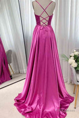 Open Back Fuchsia Satin Ruched Long Prom Dress, Long Fuchsia Formal Graduation Evening Dress