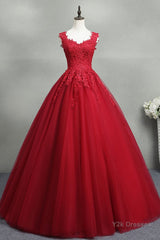 Open Back Red Lace Long Prom Dress, Red Lace Formal Evening Dress, Red Ball Gown