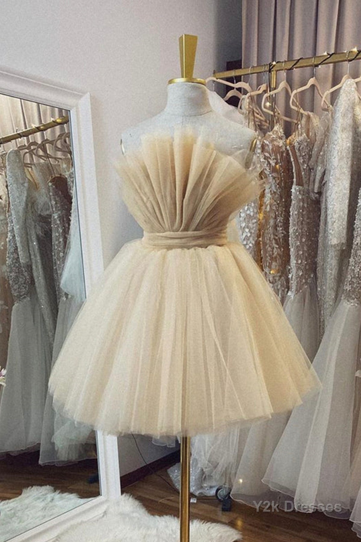 Open Back Strapless Champagne Tulle Short Prom Homecoming Dress, Strapless Champagne Formal Graduation Evening Dress