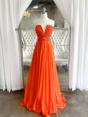 Orange Aline chiffon long prom dress, orange long evening dress