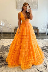 Orange Deep V-Neck Tiered Prom Dress