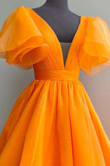 Orange Plunge V Ruffled Sleeve A-Line Long Formal Dress