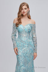 Pastel Blue Sparkly Embroidery Long Sleeve Mermaid Evening Dresses