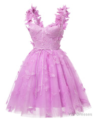 Lilac 3D Butterfly Lace Applique Tulle Homecoming Dress for Teens Sweetheart Mini Short Prom Dresses