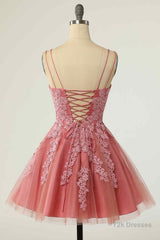 Pink A-line Double Straps V Neck Lace-Up Applique Mini Homecoming Dress