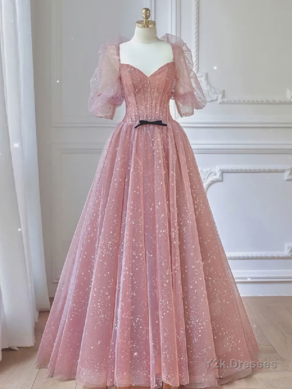 Pink A-line tulle lace long prom dress, pink lace formal dress