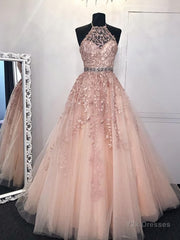 Pink Halter Neck Lace Prom Dresses, Pink Halter Neck Long Lace Formal Evening Dresses