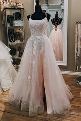 Pink Lace Appliques A Line Open Back Tulle Long Prom Dresses, Pink Lace Formal Graduation Evening Dresses