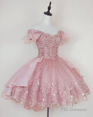 Pink Lace Homecoming Gown with Beading,Princess Off the Shoulder Hoco Dress