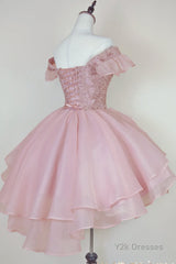 Pink Lace Homecoming Gown with Beading,Princess Off the Shoulder Hoco Dress