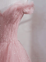 Pink off shoulder tulle sequin long prom dress, pink formal dress